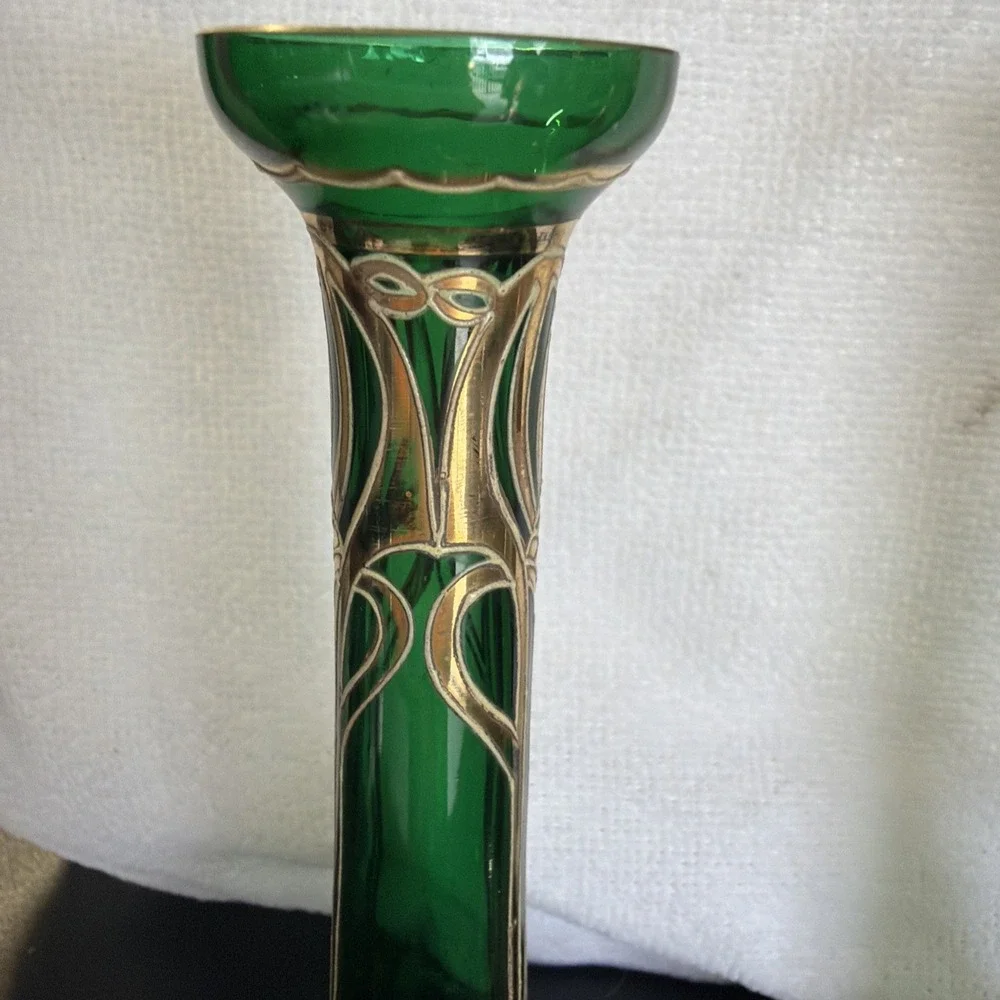 Vtg Art Nouveau Jugendstil Gold Gilded Green Satin Glass Vases 2 Ea Circa 1900s‎